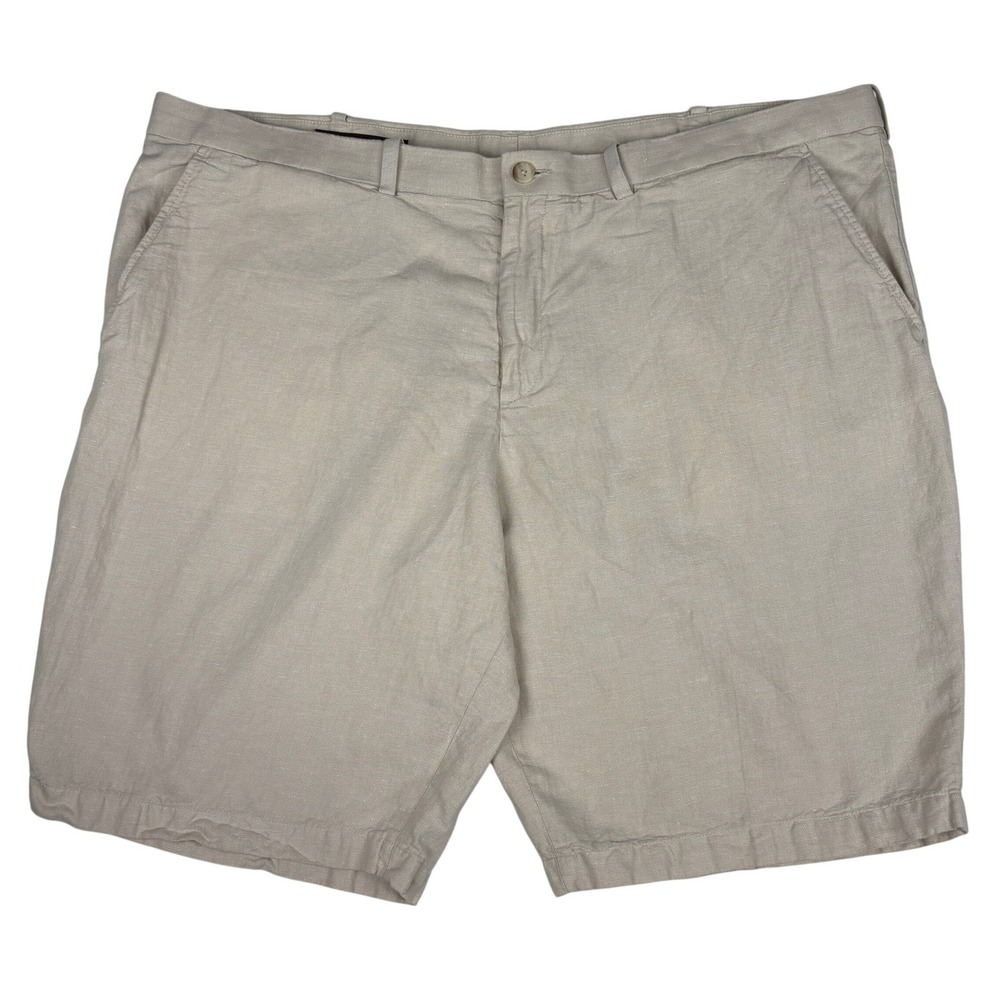 Perry Ellis Mens Beige Linen Blend Herringbone Shorts Size 46 Tan‎ Flat Front